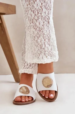 New Skórzane Klapki Z Ozdobą Na Płaskim Obcasie Zazoo 3047/O Białe Damskie Klapki Damskie Klasyczne