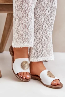 New Skórzane Klapki Z Ozdobą Na Płaskim Obcasie Zazoo 3047/O Białe Damskie Klapki Damskie Klasyczne