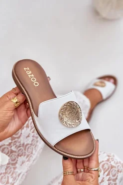 New Skórzane Klapki Z Ozdobą Na Płaskim Obcasie Zazoo 3047/O Białe Damskie Klapki Damskie Klasyczne