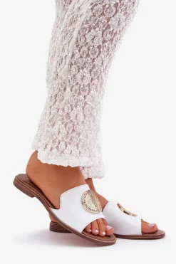 New Skórzane Klapki Z Ozdobą Na Płaskim Obcasie Zazoo 3047/O Białe Damskie Klapki Damskie Klasyczne