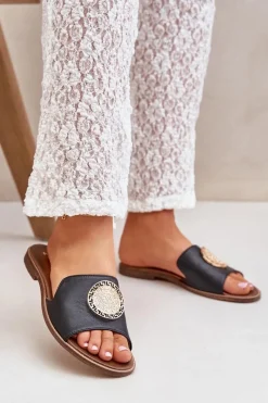 Klapki Damskie Klasyczne>Boto Skórzane Klapki Z Ozdobą Na Płaskim Obcasie Zazoo 3047/O Czarne Czarny