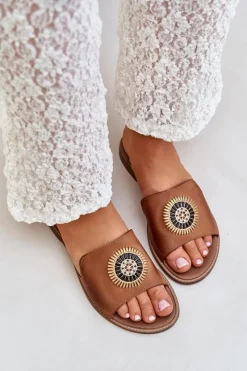 Clearance Boto Skórzane Klapki Z Ozdobą Na Płaskim Obcasie Lewski 3047/O Camel Brązowy
