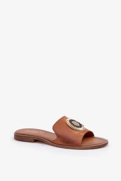 Clearance Boto Skórzane Klapki Z Ozdobą Na Płaskim Obcasie Lewski 3047/O Camel Brązowy