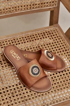 Clearance Boto Skórzane Klapki Z Ozdobą Na Płaskim Obcasie Lewski 3047/O Camel Brązowy