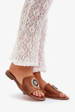 Clearance Boto Skórzane Klapki Z Ozdobą Na Płaskim Obcasie Lewski 3047/O Camel Brązowy