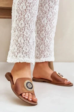 Clearance Boto Skórzane Klapki Z Ozdobą Na Płaskim Obcasie Lewski 3047/O Camel Brązowy