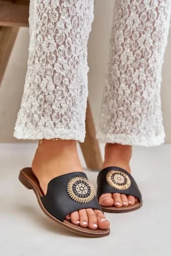 Outlet Boto Skórzane Klapki Z Ozdobą Na Płaskim Obcasie Zazoo 3047/O Czarne Czarny