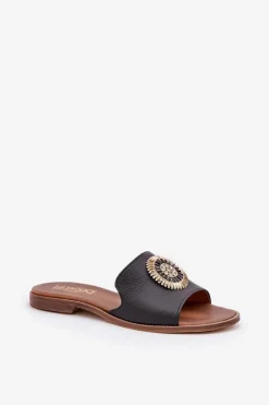 Outlet Boto Skórzane Klapki Z Ozdobą Na Płaskim Obcasie Zazoo 3047/O Czarne Czarny