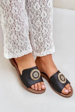 Outlet Boto Skórzane Klapki Z Ozdobą Na Płaskim Obcasie Zazoo 3047/O Czarne Czarny