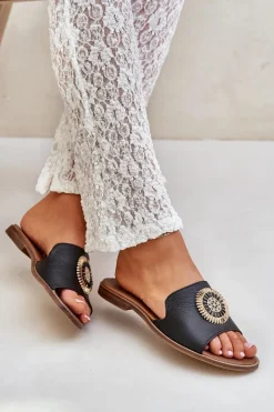 Outlet Boto Skórzane Klapki Z Ozdobą Na Płaskim Obcasie Zazoo 3047/O Czarne Czarny