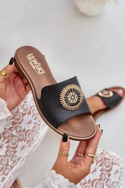 Outlet Boto Skórzane Klapki Z Ozdobą Na Płaskim Obcasie Zazoo 3047/O Czarne Czarny