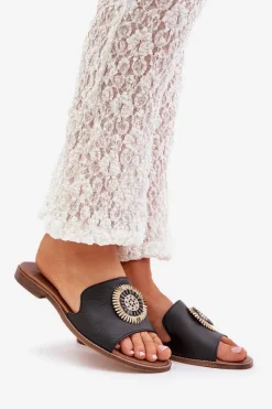 Outlet Boto Skórzane Klapki Z Ozdobą Na Płaskim Obcasie Zazoo 3047/O Czarne Czarny