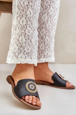 Outlet Boto Skórzane Klapki Z Ozdobą Na Płaskim Obcasie Zazoo 3047/O Czarne Czarny