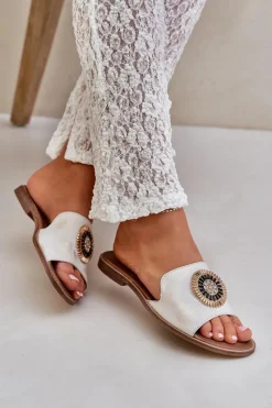 Klapki Damskie Klasyczne>Boto Skórzane Klapki Z Ozdobą Na Płaskim Obcasie Lewski 3047/O Przecierany Złoty