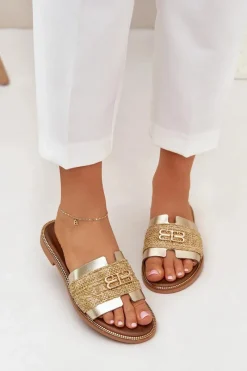 Sale Zazoo Skórzane Klapki Z Ozdobnym Detalem I Plecionką 40426 Złote Złoty