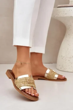 Sale Zazoo Skórzane Klapki Z Ozdobnym Detalem I Plecionką 40426 Złote Złoty