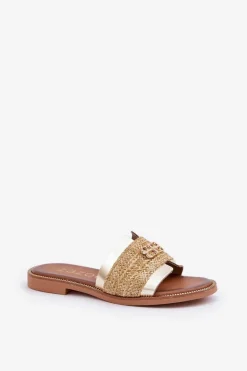 Sale Zazoo Skórzane Klapki Z Ozdobnym Detalem I Plecionką 40426 Złote Złoty