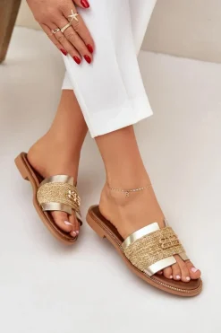 Sale Zazoo Skórzane Klapki Z Ozdobnym Detalem I Plecionką 40426 Złote Złoty