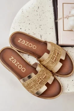 Sale Zazoo Skórzane Klapki Z Ozdobnym Detalem I Plecionką 40426 Złote Złoty