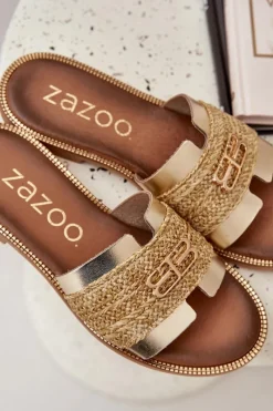 Sale Zazoo Skórzane Klapki Z Ozdobnym Detalem I Plecionką 40426 Złote Złoty