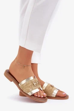 Sale Zazoo Skórzane Klapki Z Ozdobnym Detalem I Plecionką 40426 Złote Złoty