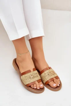 Best Skórzane Klapki Z Ozdobnym Detalem I Plecionką 40426 Brązowe Damskie Klapki Damskie Klasyczne