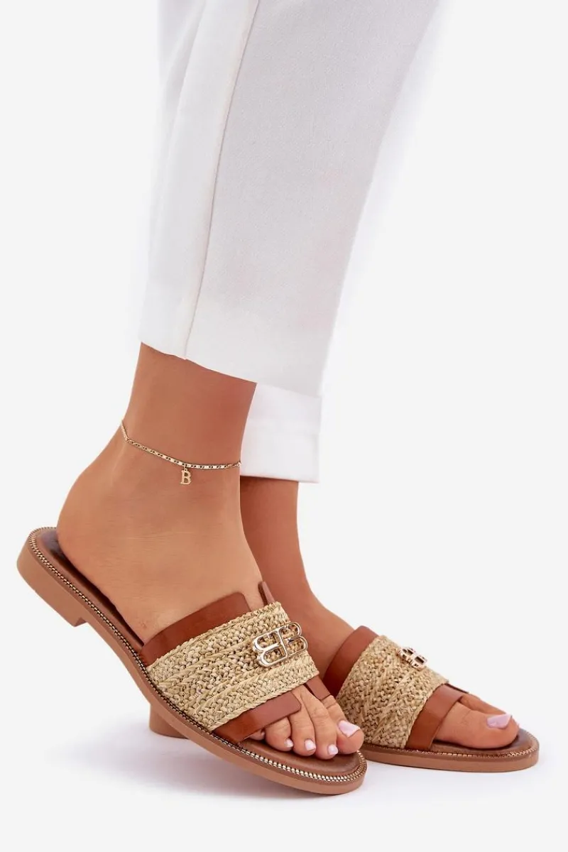 Best Skórzane Klapki Z Ozdobnym Detalem I Plecionką 40426 Brązowe Damskie Klapki Damskie Klasyczne