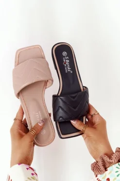 Outlet Skórzane Klapki Z Pikowaniem S.Barski 331-42 Czarne Damskie Klapki Damskie Klasyczne