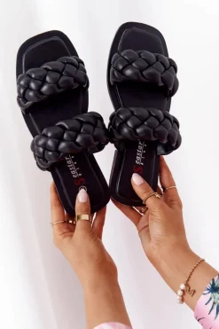 Hot Boto Skórzane Klapki Z Plecionką Czarne Love On Top