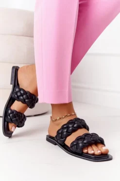 Hot Boto Skórzane Klapki Z Plecionką Czarne Love On Top