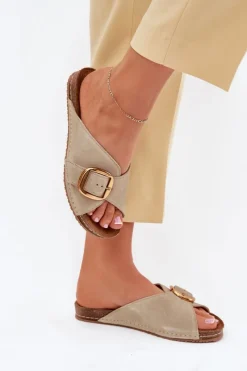 Online Skórzane Klapki Ze Złotą Klamrą 07000-22 Pistacjowe Damskie Klapki Damskie Klasyczne