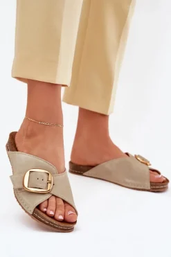 Online Skórzane Klapki Ze Złotą Klamrą 07000-22 Pistacjowe Damskie Klapki Damskie Klasyczne