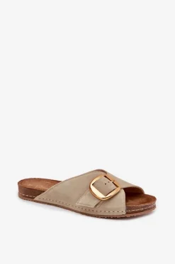 Online Skórzane Klapki Ze Złotą Klamrą 07000-22 Pistacjowe Damskie Klapki Damskie Klasyczne