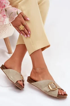 Online Skórzane Klapki Ze Złotą Klamrą 07000-22 Pistacjowe Damskie Klapki Damskie Klasyczne