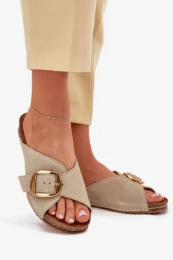 Online Skórzane Klapki Ze Złotą Klamrą 07000-22 Pistacjowe Damskie Klapki Damskie Klasyczne