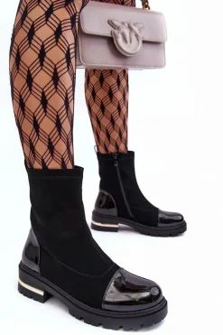 Hot Skórzane Klasyczne Botki Na Płaskim Obcasie Czarne Shendete Damskie Czarne Botki|Botki Płaskie