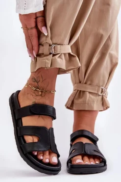 Best Boto Skórzane Klasyczne Klapki Damskie Na Rzep Czarne Amedon