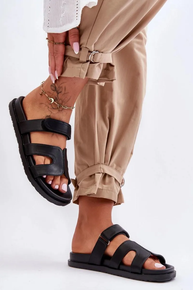 Best Boto Skórzane Klasyczne Klapki Damskie Na Rzep Czarne Amedon