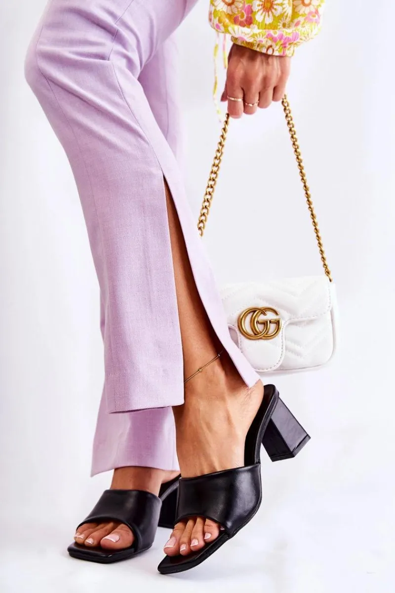 Clearance Skórzane Klasyczne Klapki Na Obcasie Czarne Talena Damskie Klapki Na Obcasie|Klapki Damskie Klasyczne