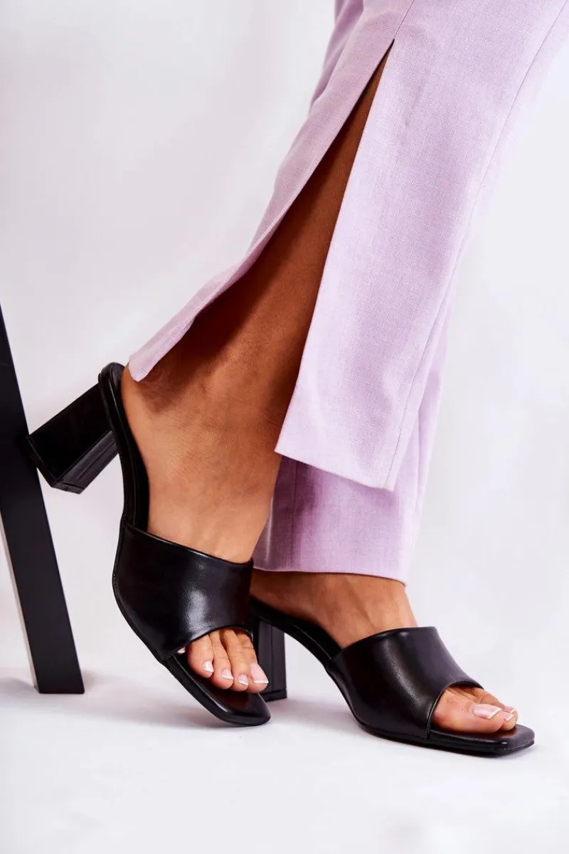 Clearance Skórzane Klasyczne Klapki Na Obcasie Czarne Talena Damskie Klapki Na Obcasie|Klapki Damskie Klasyczne