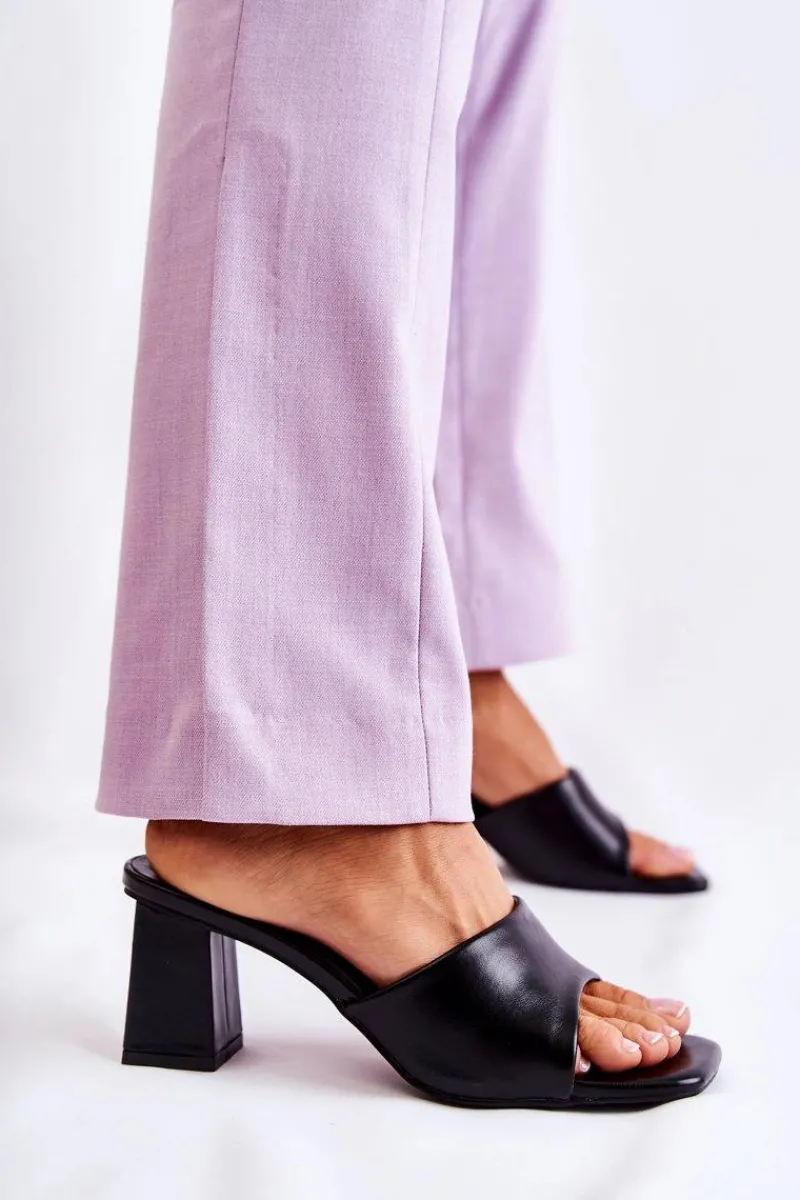 Clearance Skórzane Klasyczne Klapki Na Obcasie Czarne Talena Damskie Klapki Na Obcasie|Klapki Damskie Klasyczne