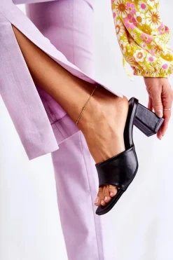 Clearance Skórzane Klasyczne Klapki Na Obcasie Czarne Talena Damskie Klapki Na Obcasie|Klapki Damskie Klasyczne