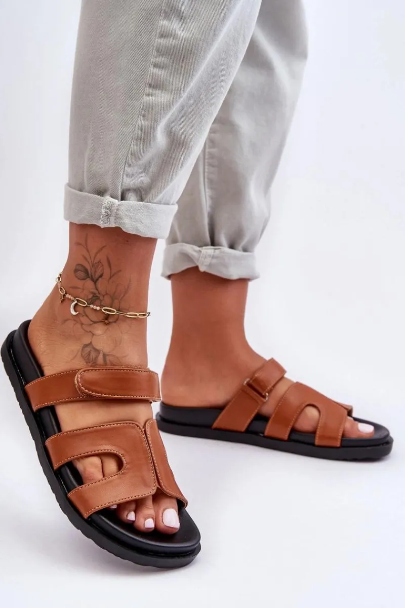 Hot Skórzane Klasyczne Klapki Damskie Na Rzep Brązowe Amedon Damskie Klapki Na Platformie|Klapki Damskie Klasyczne