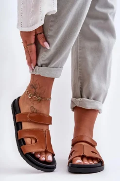 Hot Skórzane Klasyczne Klapki Damskie Na Rzep Brązowe Amedon Damskie Klapki Na Platformie|Klapki Damskie Klasyczne