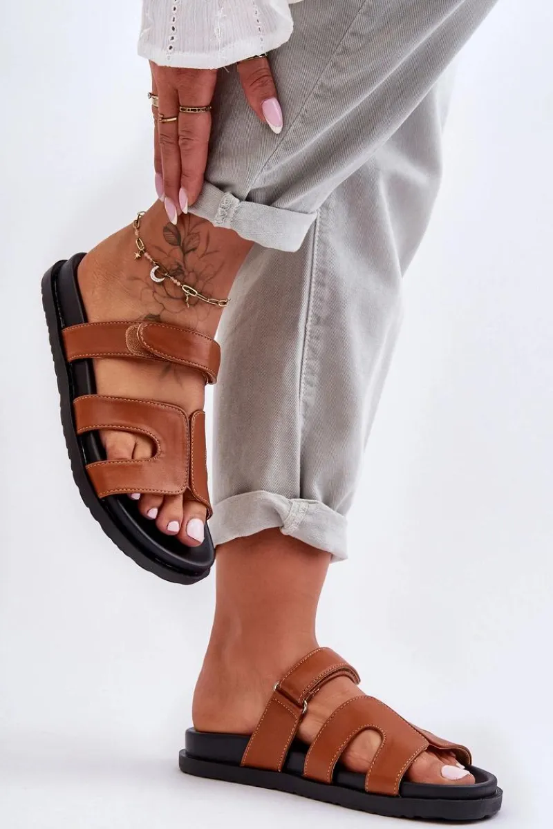 Hot Skórzane Klasyczne Klapki Damskie Na Rzep Brązowe Amedon Damskie Klapki Na Platformie|Klapki Damskie Klasyczne