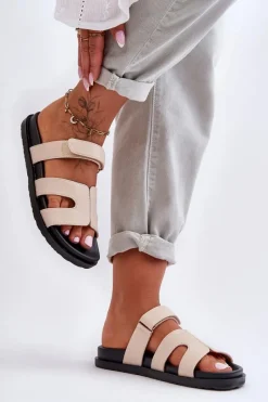 Discount Boto Skórzane Klasyczne Klapki Damskie Na Rzep Beżowe Amedon