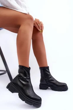 Outlet Skórzane Klasyczne Ocieplane Botki Czarne Vergilia Damskie Czarne Botki|Botki Płaskie