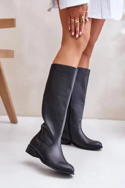 New Skórzane Kozaki Damskie Do Połowy Łydki Na Zamek Lewski 3616 Czarne Damskie Kozaki Płaskie|Kozaki Przed Kolano