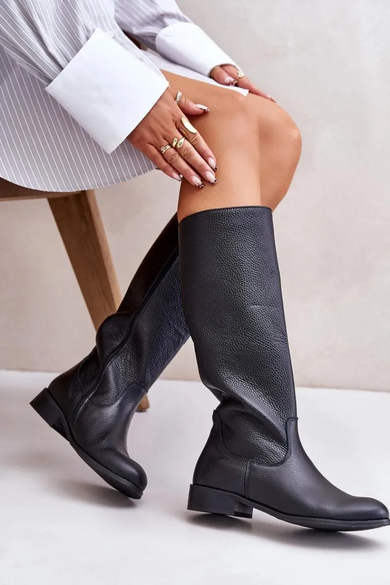 New Skórzane Kozaki Damskie Do Połowy Łydki Na Zamek Lewski 3616 Czarne Damskie Kozaki Płaskie|Kozaki Przed Kolano