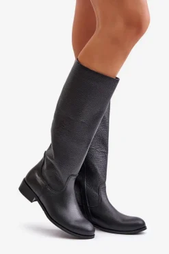 New Skórzane Kozaki Damskie Do Połowy Łydki Na Zamek Lewski 3616 Czarne Damskie Kozaki Płaskie|Kozaki Przed Kolano